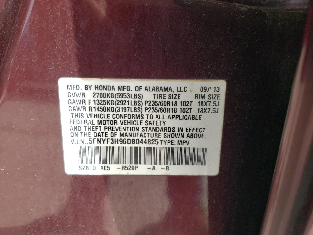 2013 Honda Pilot Touring VIN: 5FNYF3H96DB044825 Lot: 62839855