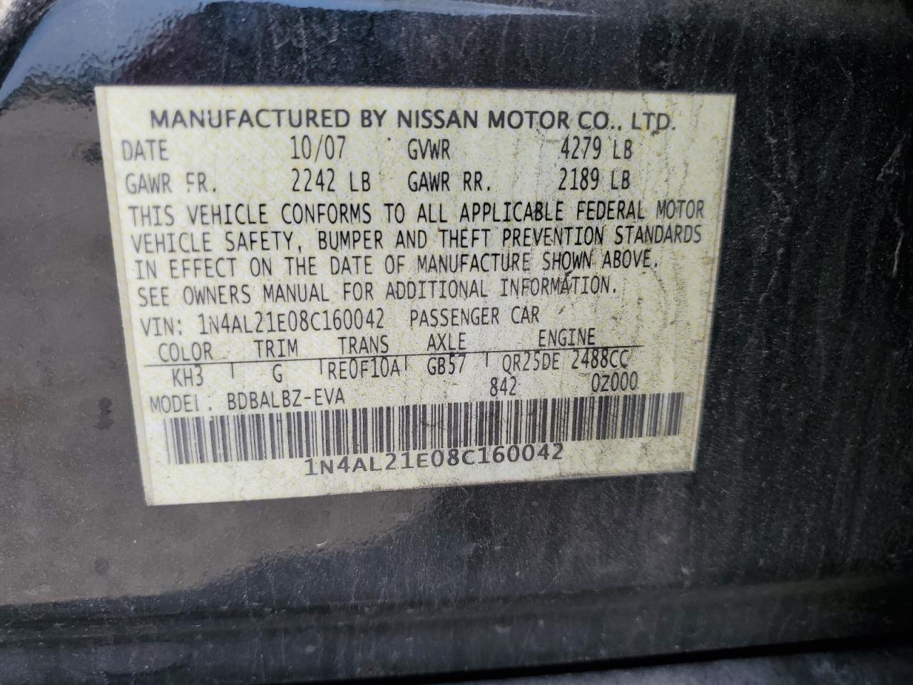 2008 Nissan Altima 2.5 VIN: 1N4AL21E08C160042 Lot: 64193275