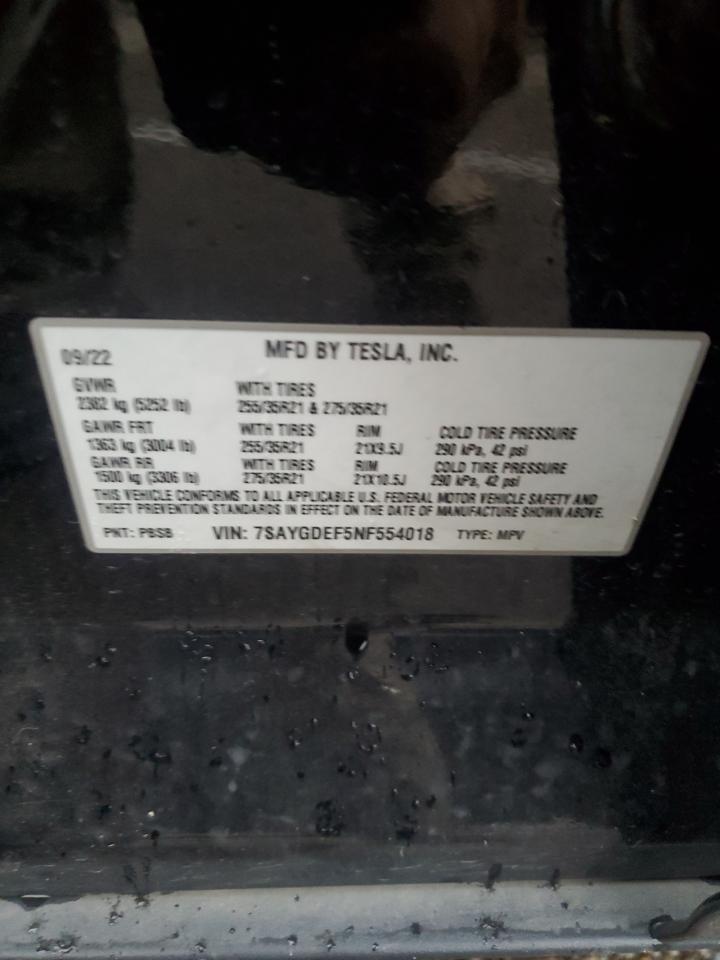 2022 Tesla Model Y VIN: 7SAYGDEF5NF554018 Lot: 65062185