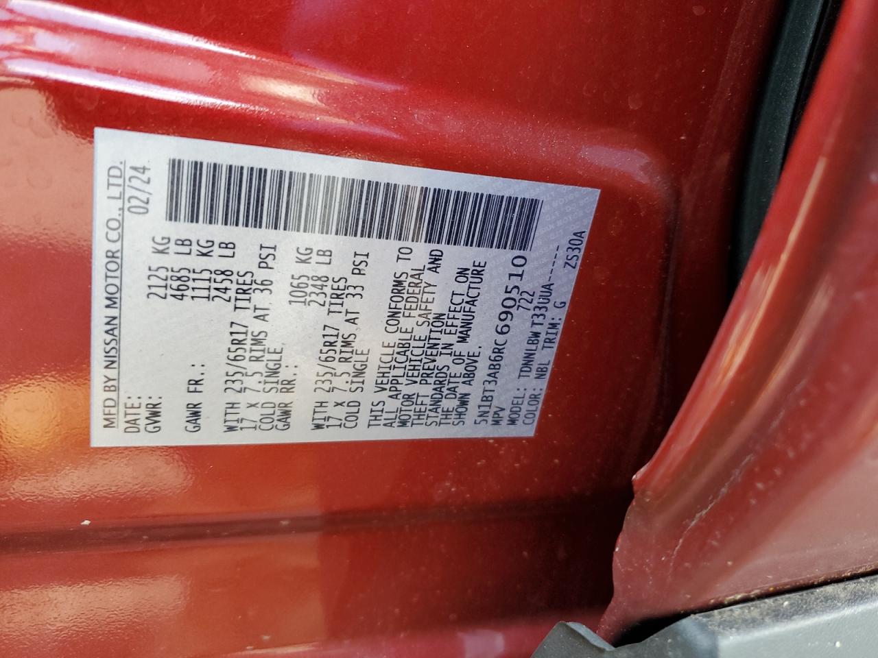 2024 Nissan Rogue S VIN: 5N1BT3AB6RC690510 Lot: 65050485