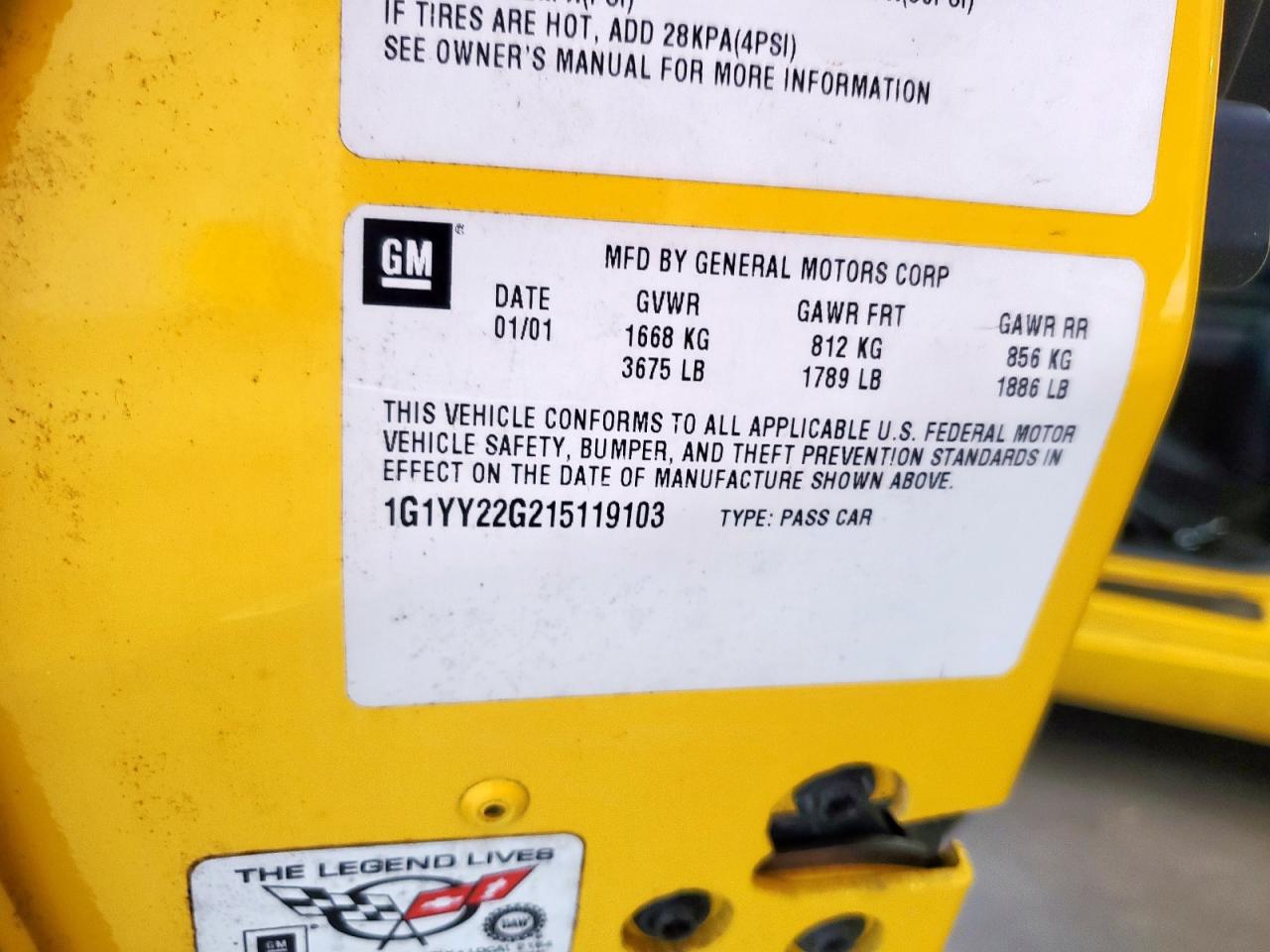 2001 Chevrolet Corvette VIN: 1G1YY22G215119103 Lot: 66774525