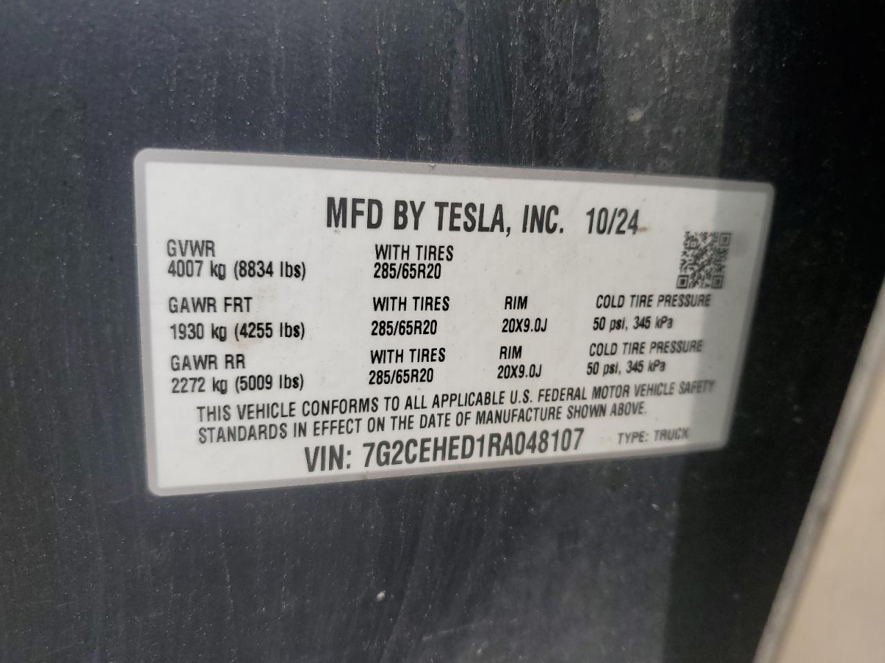 2024 Tesla Cybertruck VIN: 7G2CEHED1RA048107 Lot: 63580605