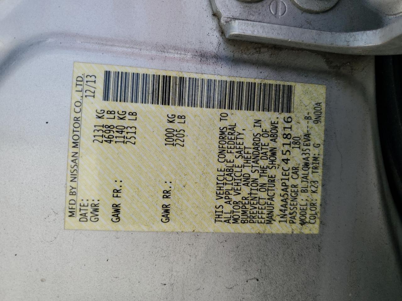 1N4AA5AP1EC451816 2014 Nissan Maxima S