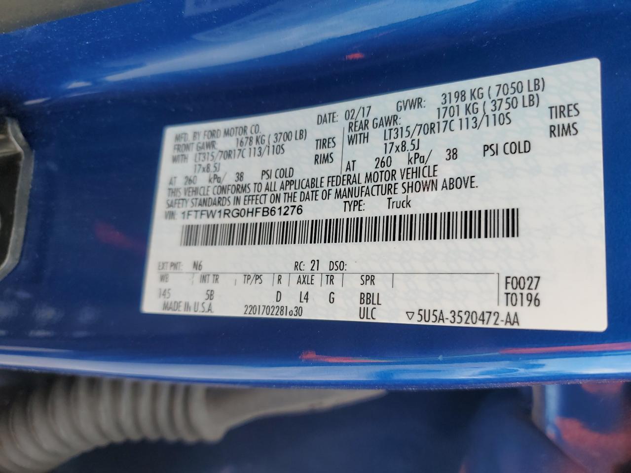 2017 Ford F150 Raptor VIN: 1FTFW1RG0HFB61276 Lot: 67124775