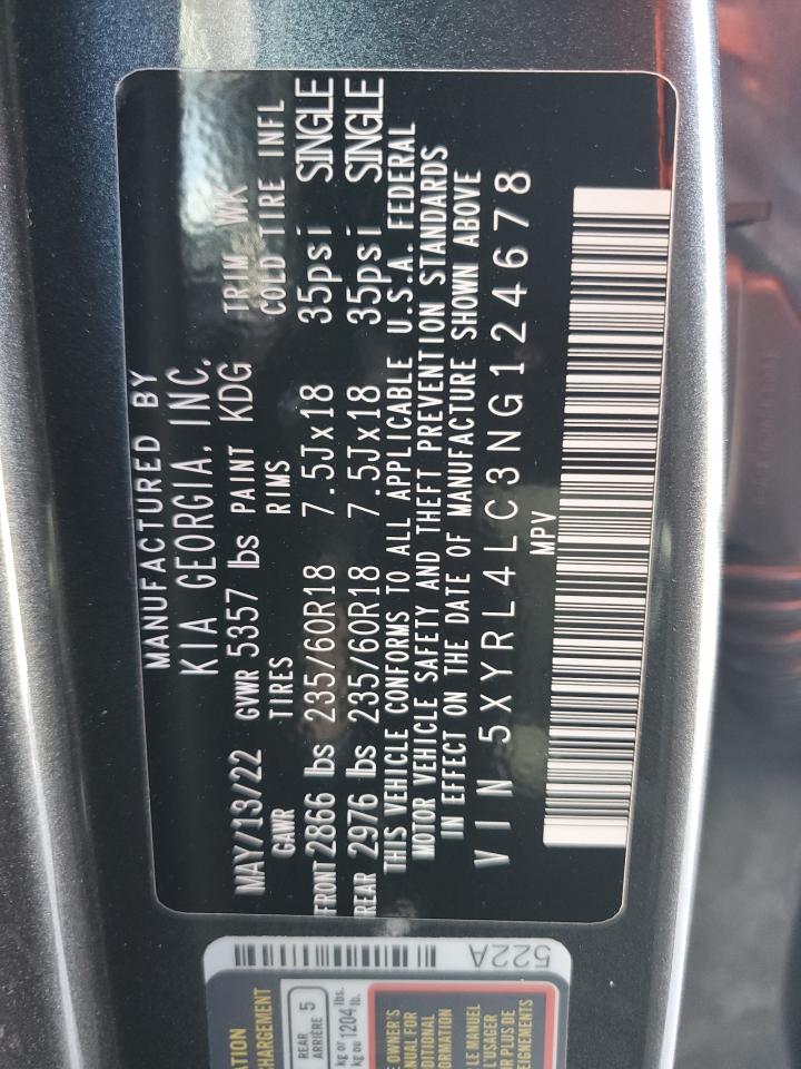 2022 Kia Sorento S VIN: 5XYRL4LC3NG124678 Lot: 64757775