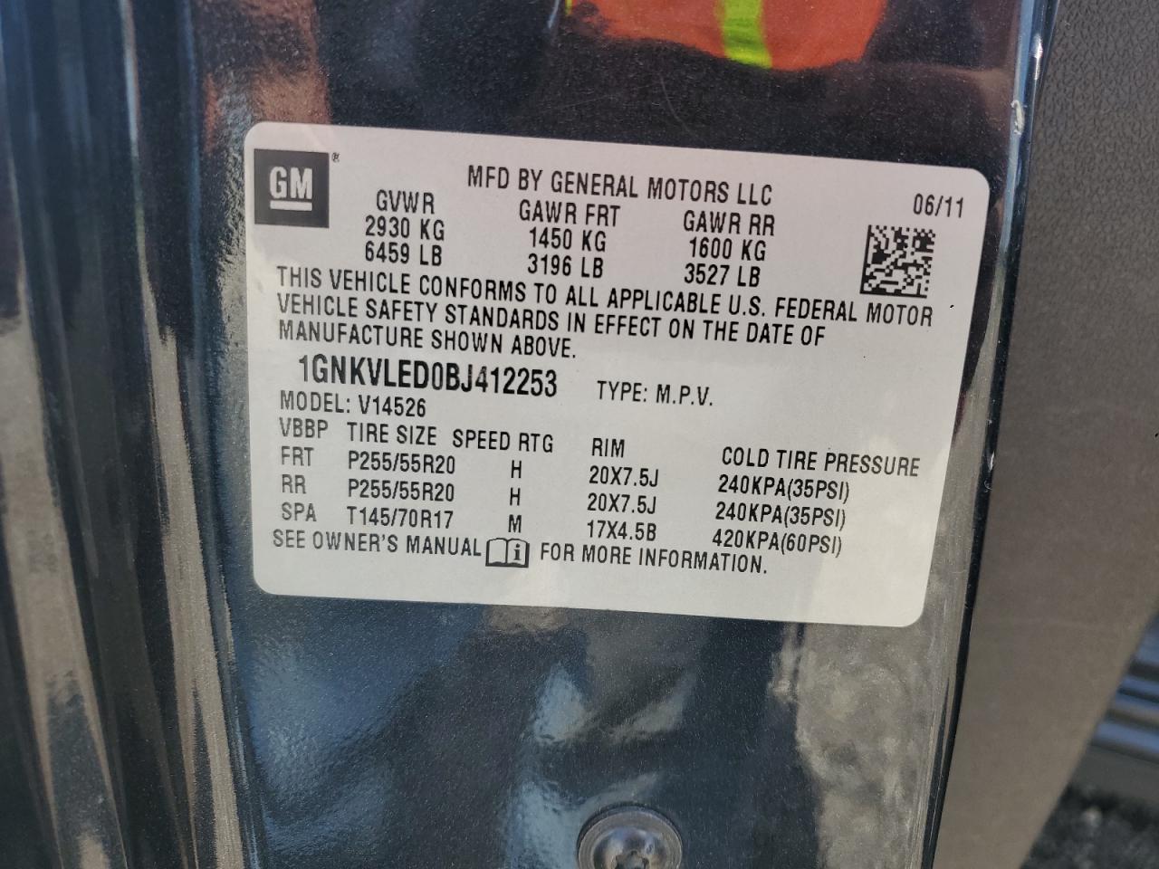 2011 Chevrolet Traverse Ltz VIN: 1GNKVLED0BJ412253 Lot: 64902475