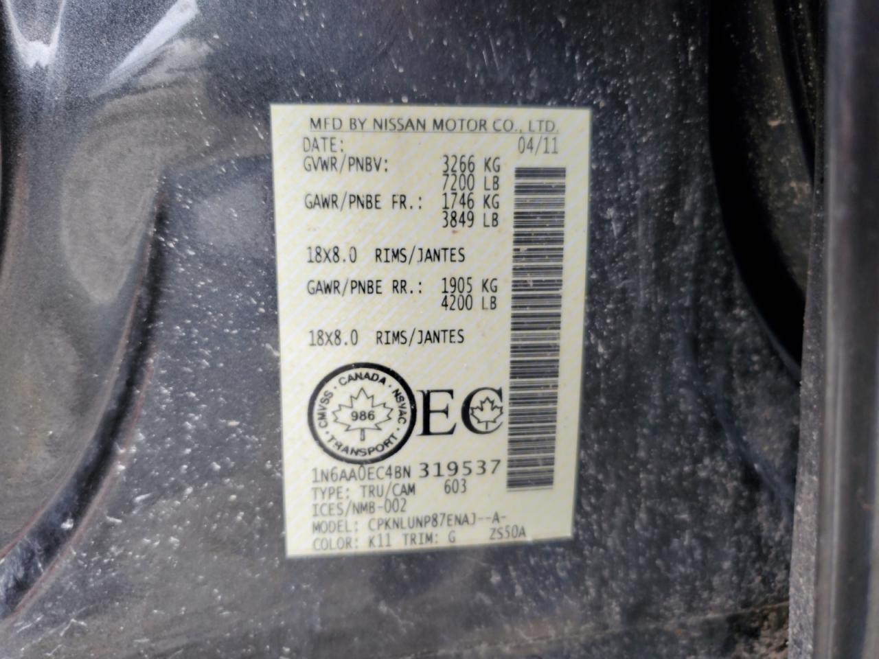 2011 Nissan Titan S VIN: 1N6AA0EC4BN319537 Lot: 63779855