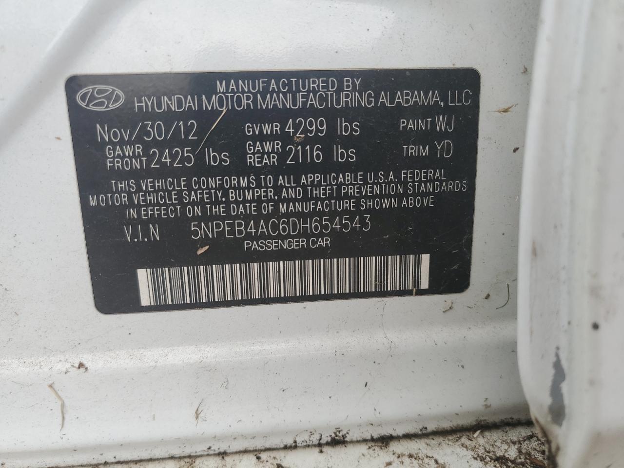 2013 Hyundai Sonata Gls VIN: 5NPEB4AC6DH654543 Lot: 64039145