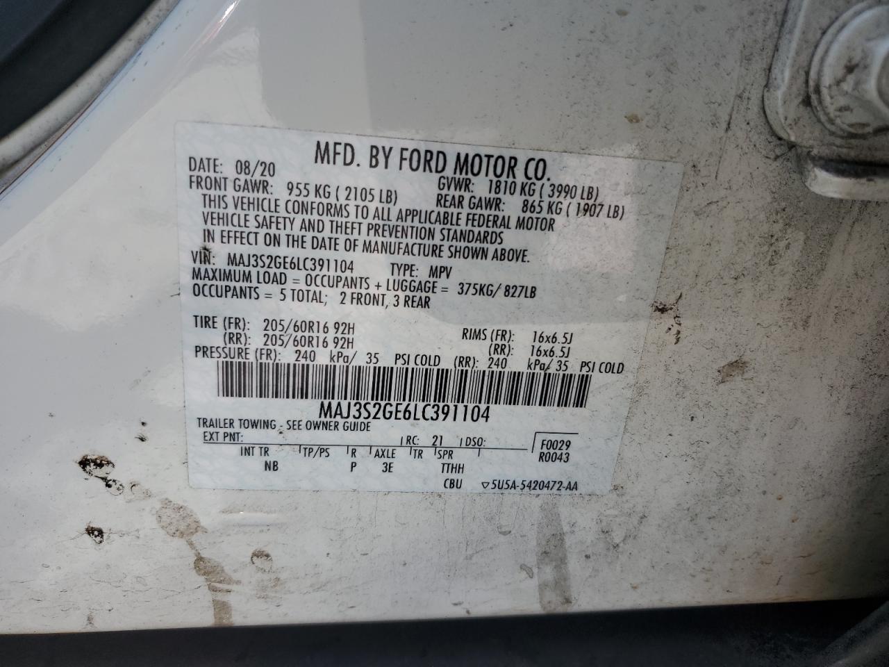 2020 Ford Ecosport Se VIN: MAJ3S2GE6LC391104 Lot: 64526765