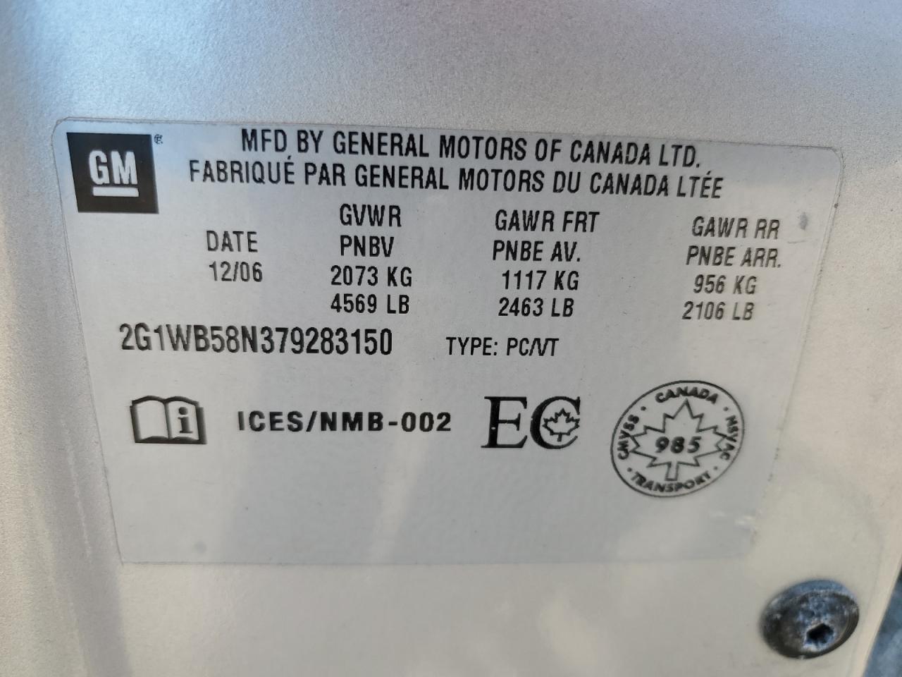 2007 Chevrolet Impala Ls VIN: 2G1WB58N379283150 Lot: 63237145