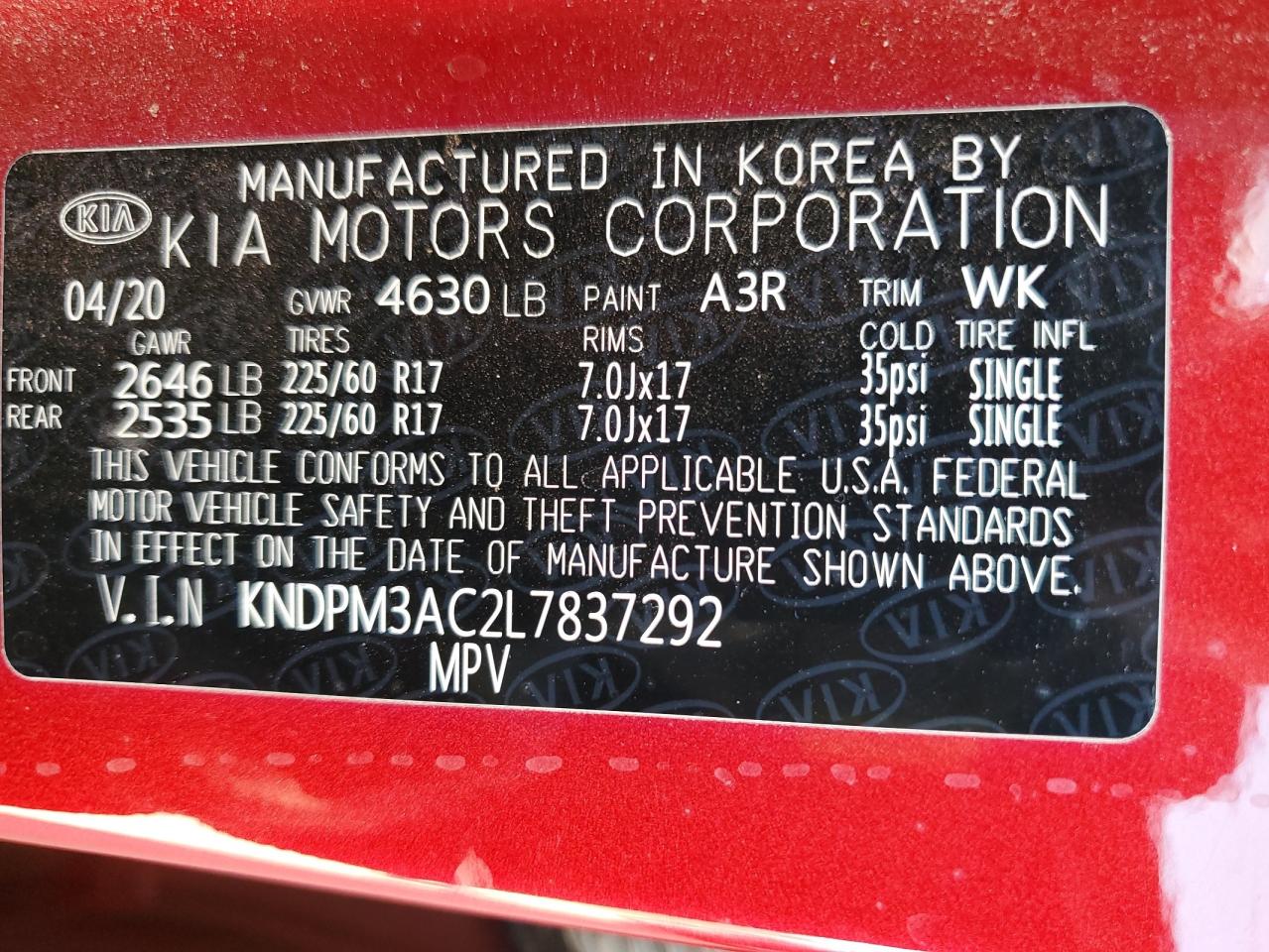 2020 Kia Sportage Lx VIN: KNDPM3AC2L7837292 Lot: 64143315