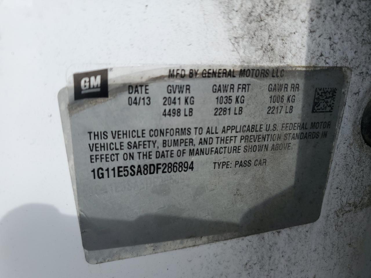 2013 Chevrolet Malibu 2Lt VIN: 1G11E5SA8DF286889 Lot: 65049585