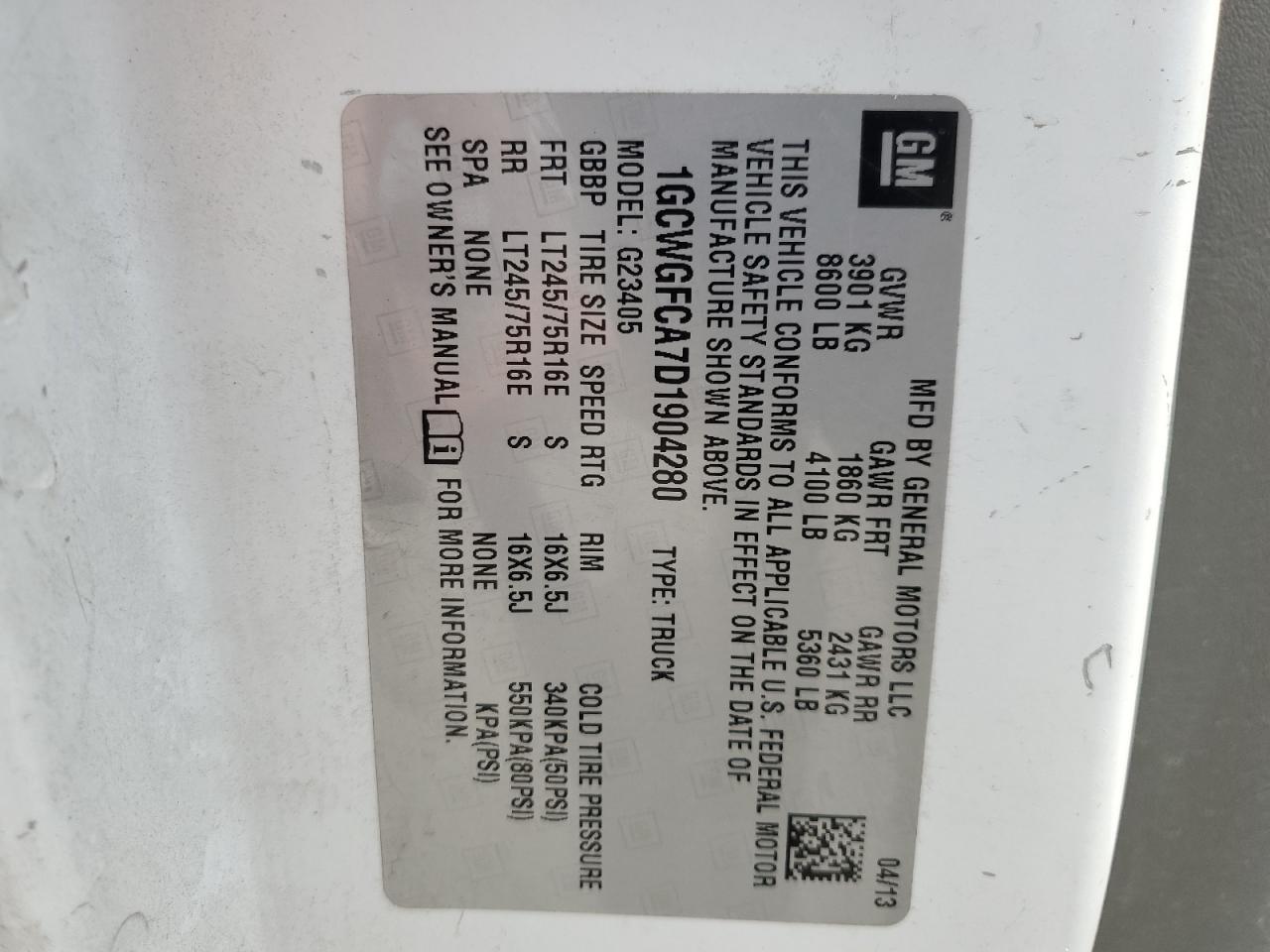 2013 Chevrolet Express G2500 VIN: 1GCWGFCA7D1904280 Lot: 66310275