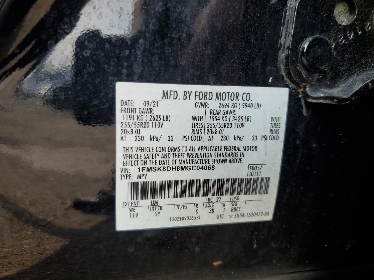 2021 Ford Explorer Xlt VIN: 1FMSK8DH8MGC04068 Lot: 64321725