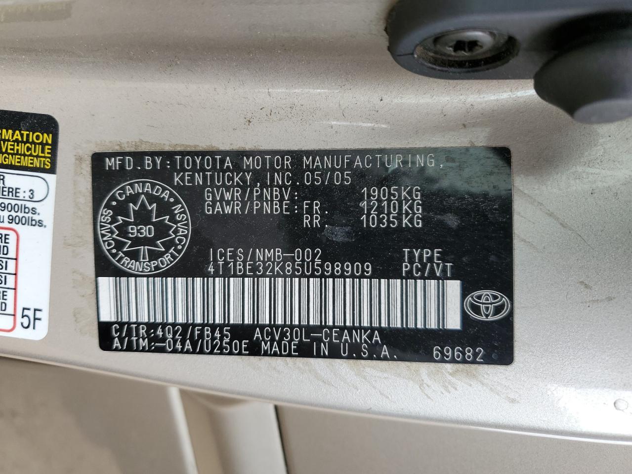 2005 Toyota Camry Le VIN: 4T1BE32K85U598909 Lot: 64627825