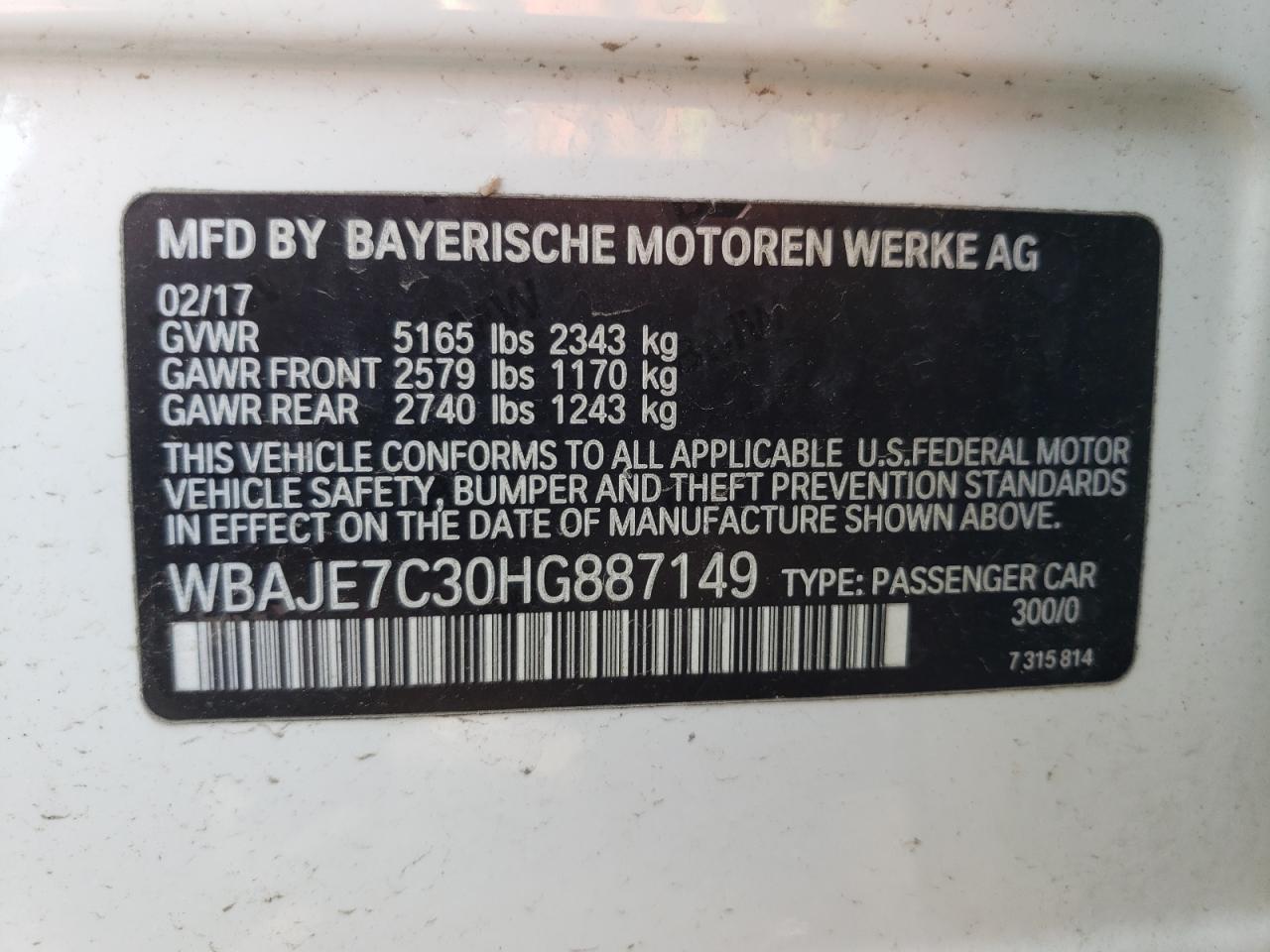 2017 BMW 540 Xi VIN: WBAJE7C30HG887149 Lot: 66909835