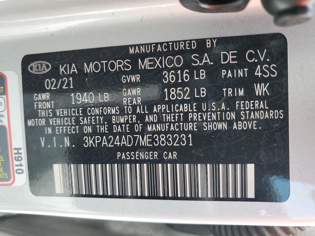 2021 Kia Rio Lx VIN: 3KPA24AD7ME383231 Lot: 63850115