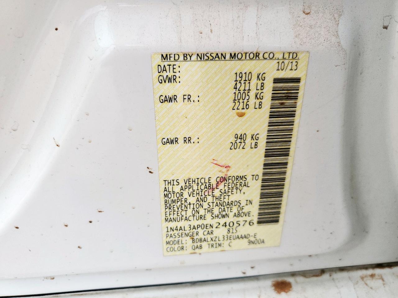 2014 Nissan Altima 2.5 VIN: 1N4AL3AP0EN240576 Lot: 63286175