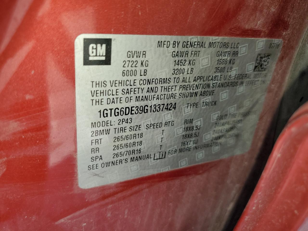 2016 GMC Canyon Slt VIN: 1GTG6DE39G1337424 Lot: 63462345