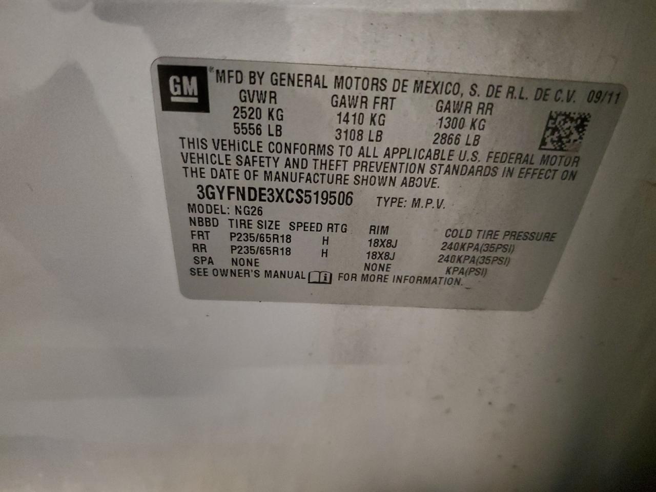 2012 Cadillac Srx Luxury Collection VIN: 3GYFNDE3XCS519506 Lot: 66556075