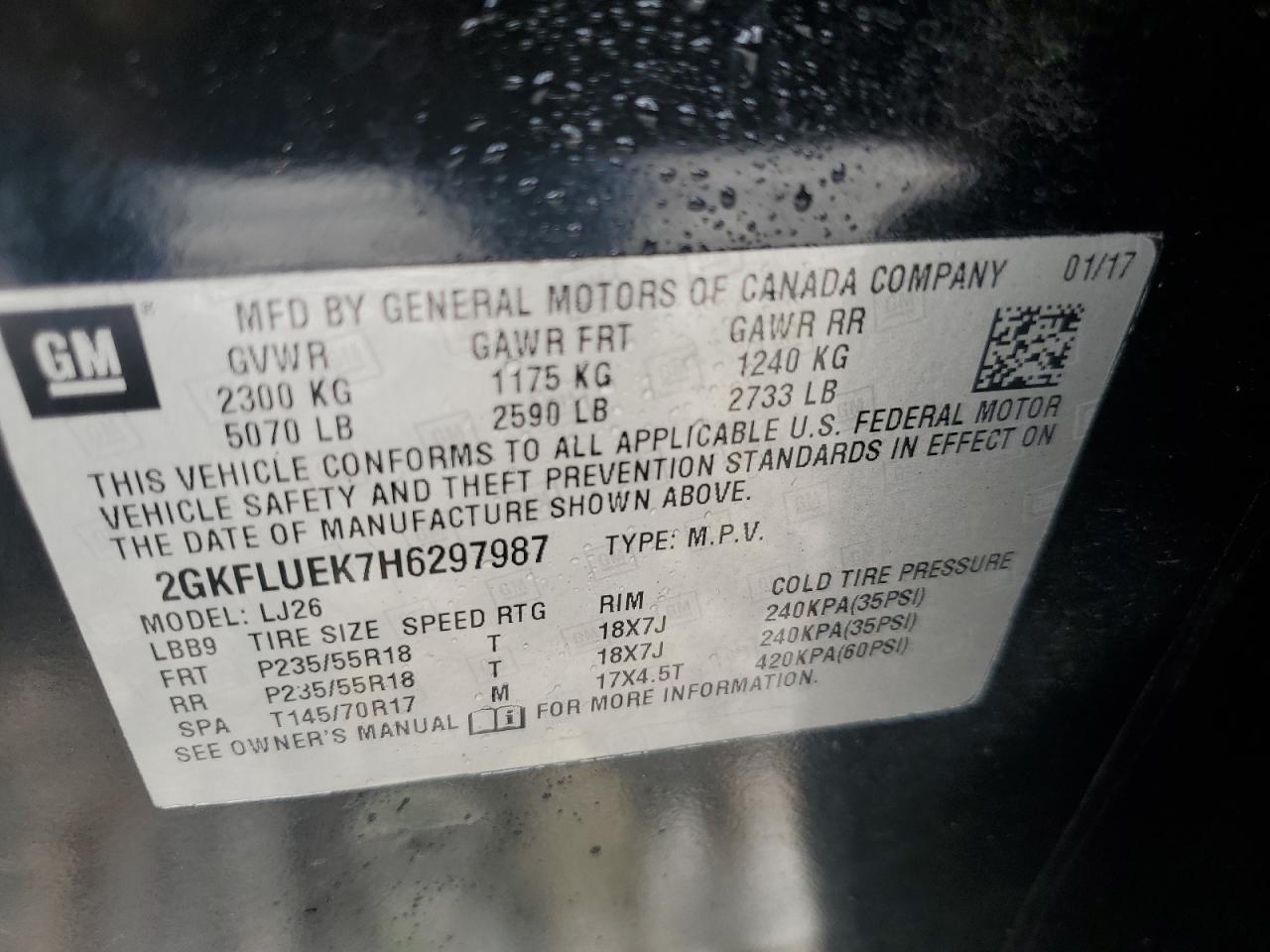 2017 GMC Terrain Slt VIN: 2GKFLUEK7H6297987 Lot: 66108955