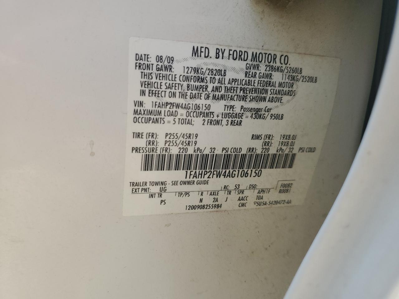 2010 Ford Taurus Limited VIN: 1FAHP2FW4AG106150 Lot: 64231305