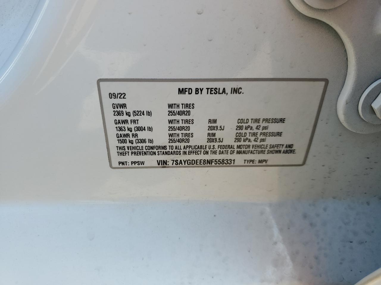 2022 Tesla Model Y VIN: 7SAYGDEE8NF558331 Lot: 64841655