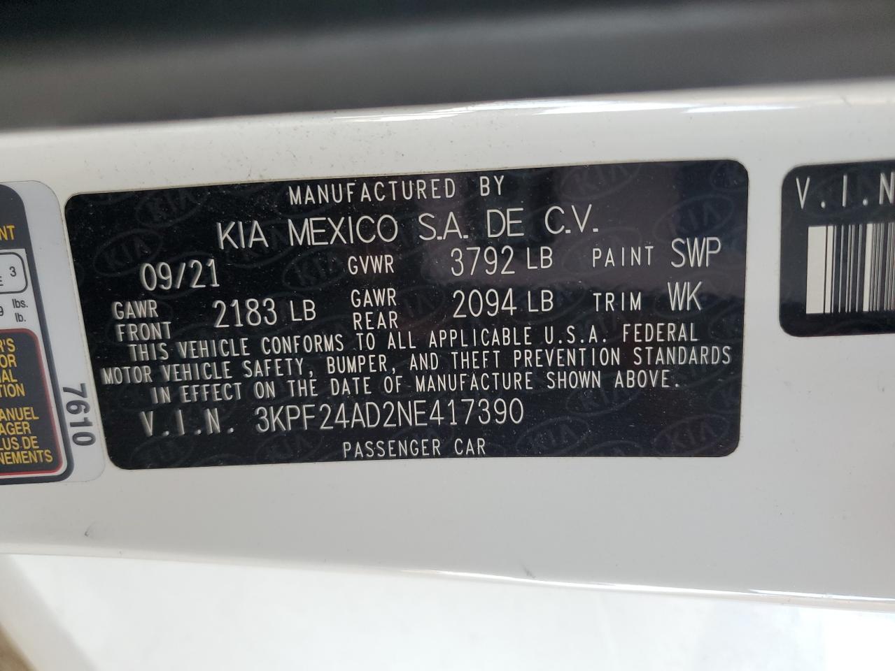 2022 Kia Forte Fe VIN: 3KPF24AD2NE417390 Lot: 63822905