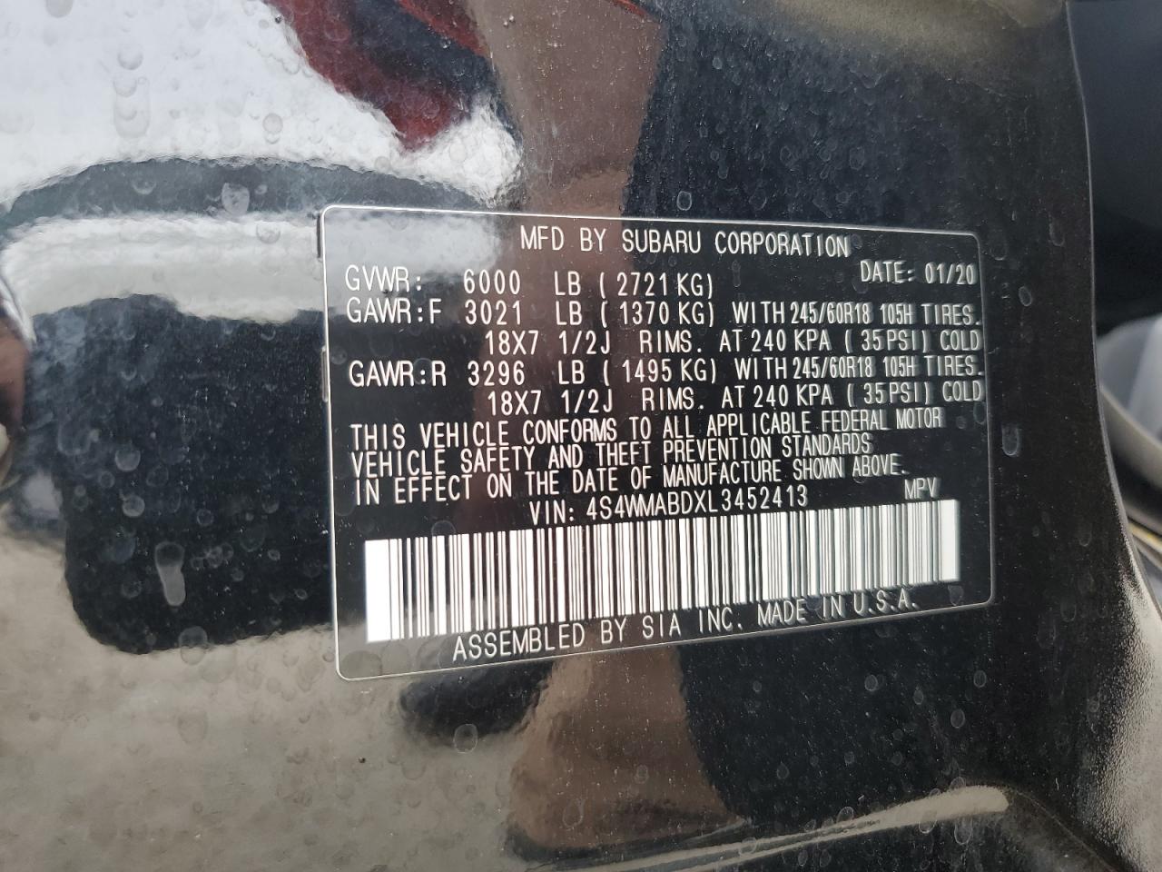 2020 Subaru Ascent Premium VIN: 4S4WMABDXL3452413 Lot: 65991045