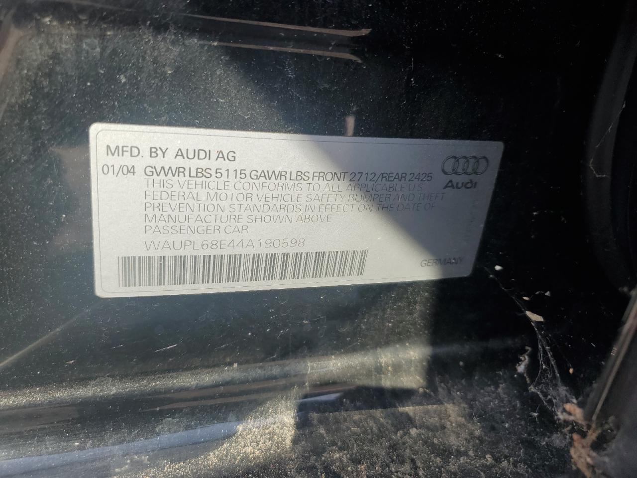 2004 Audi S4 VIN: WAUPL68E44A190598 Lot: 65608025