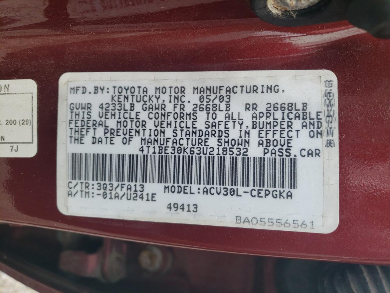 2003 Toyota Camry Le VIN: 4T1BE30K63U218532 Lot: 63845345