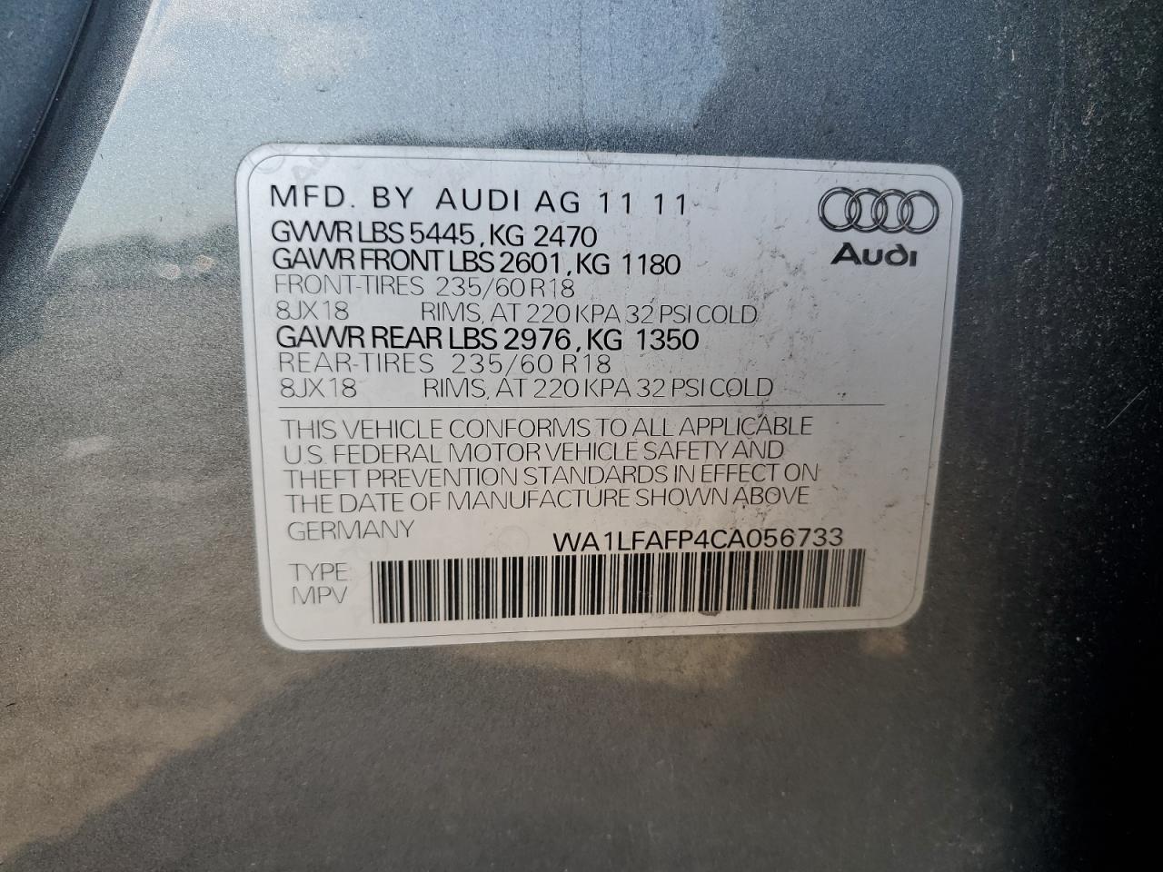 2012 Audi Q5 Premium Plus VIN: WA1LFAFP4CA056733 Lot: 62909905