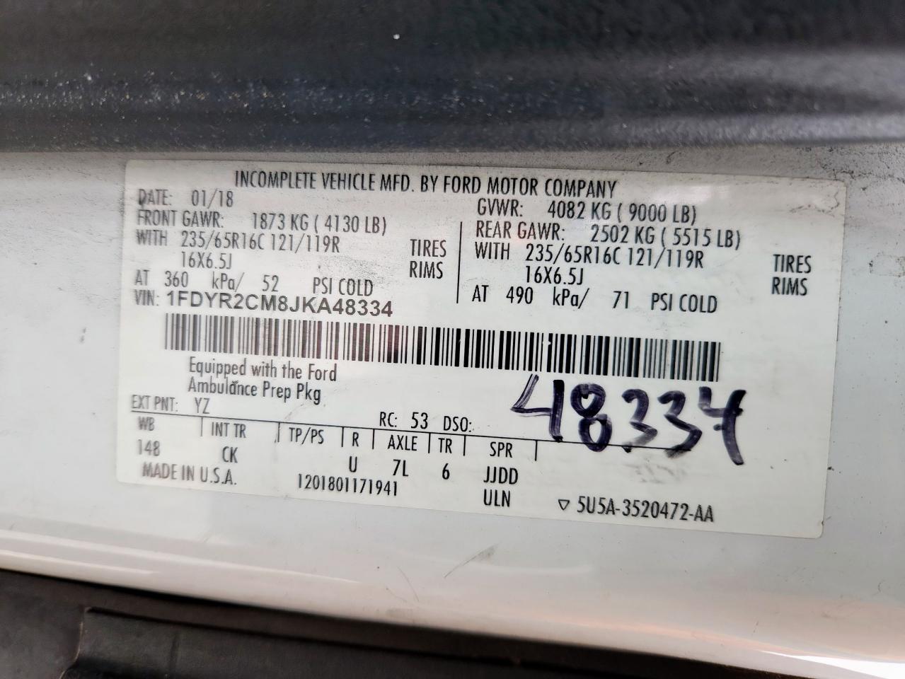 2018 Ford Transit T-250 VIN: 1FDYR2CM8JKA48334 Lot: 63776365