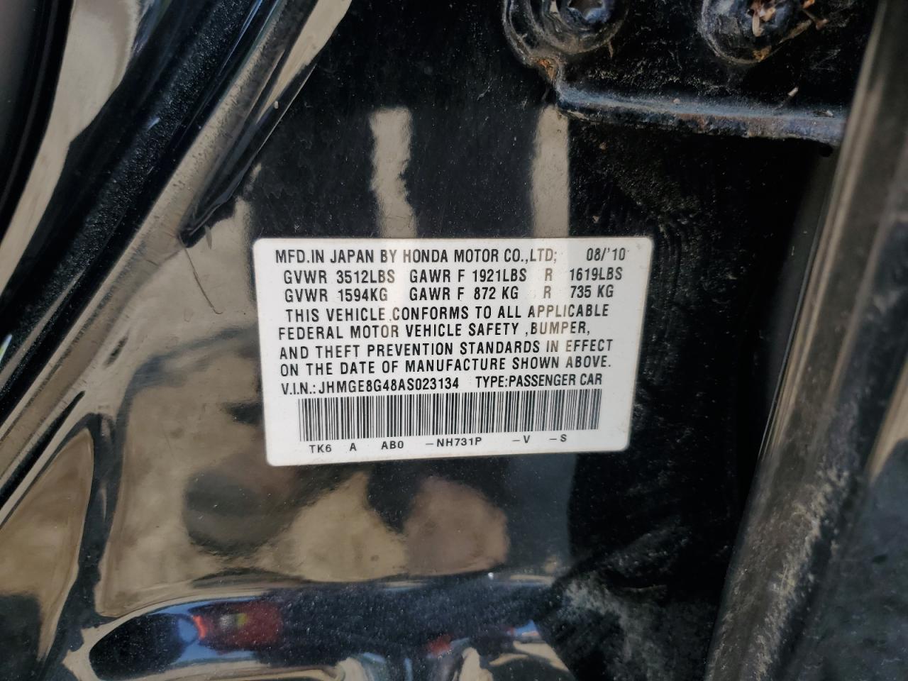 2010 Honda Fit Sport VIN: JHMGE8G48AS023134 Lot: 62676535