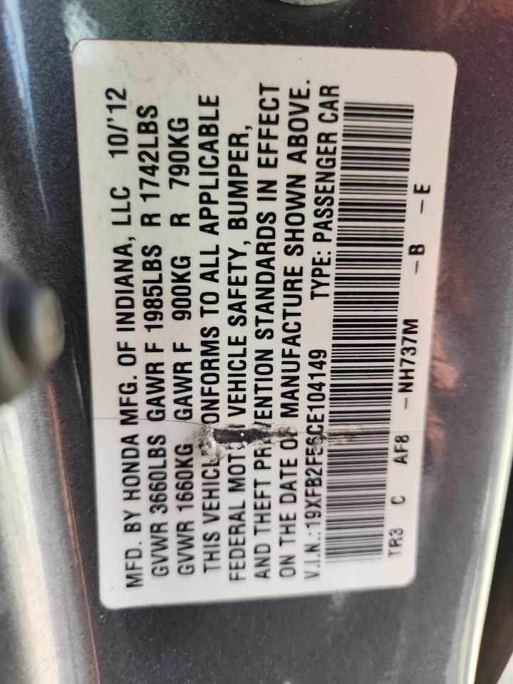 2012 Honda Civic Lx VIN: 19XFB2F56CE104149 Lot: 64800495