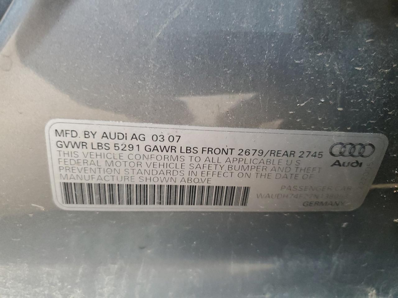 2007 Audi A6 3.2 Quattro VIN: WAUDH74F27N138053 Lot: 64445665