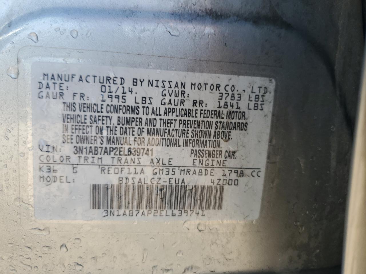 2014 Nissan Sentra S VIN: 3N1AB7AP2EL639741 Lot: 64109635