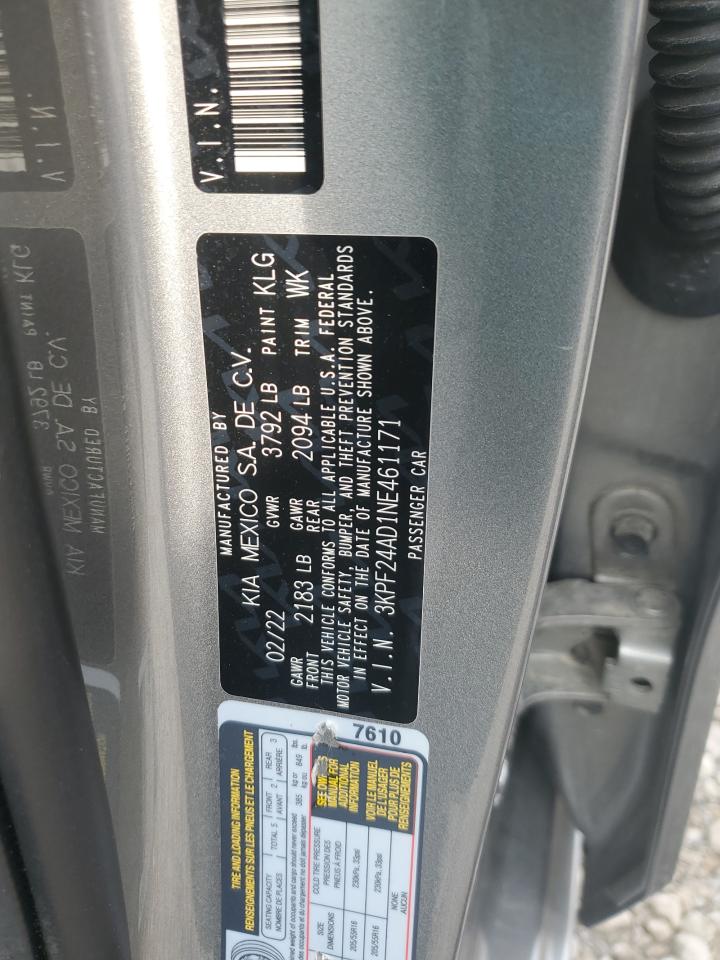 2022 Kia Forte Fe VIN: 3KPF24AD1NE461171 Lot: 64181985