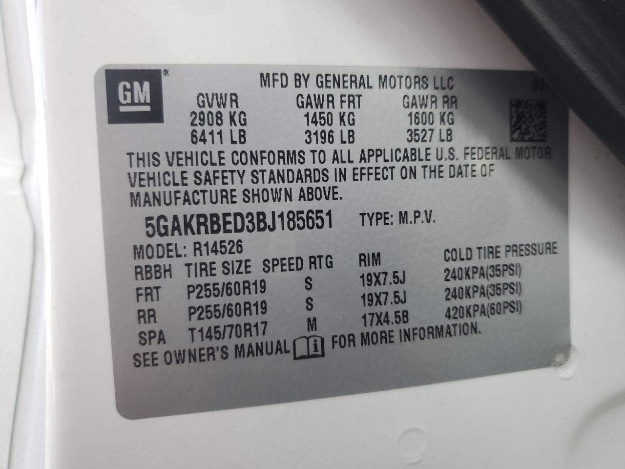 2011 Buick Enclave Cxl VIN: 5GAKRBED3BJ185651 Lot: 64124945