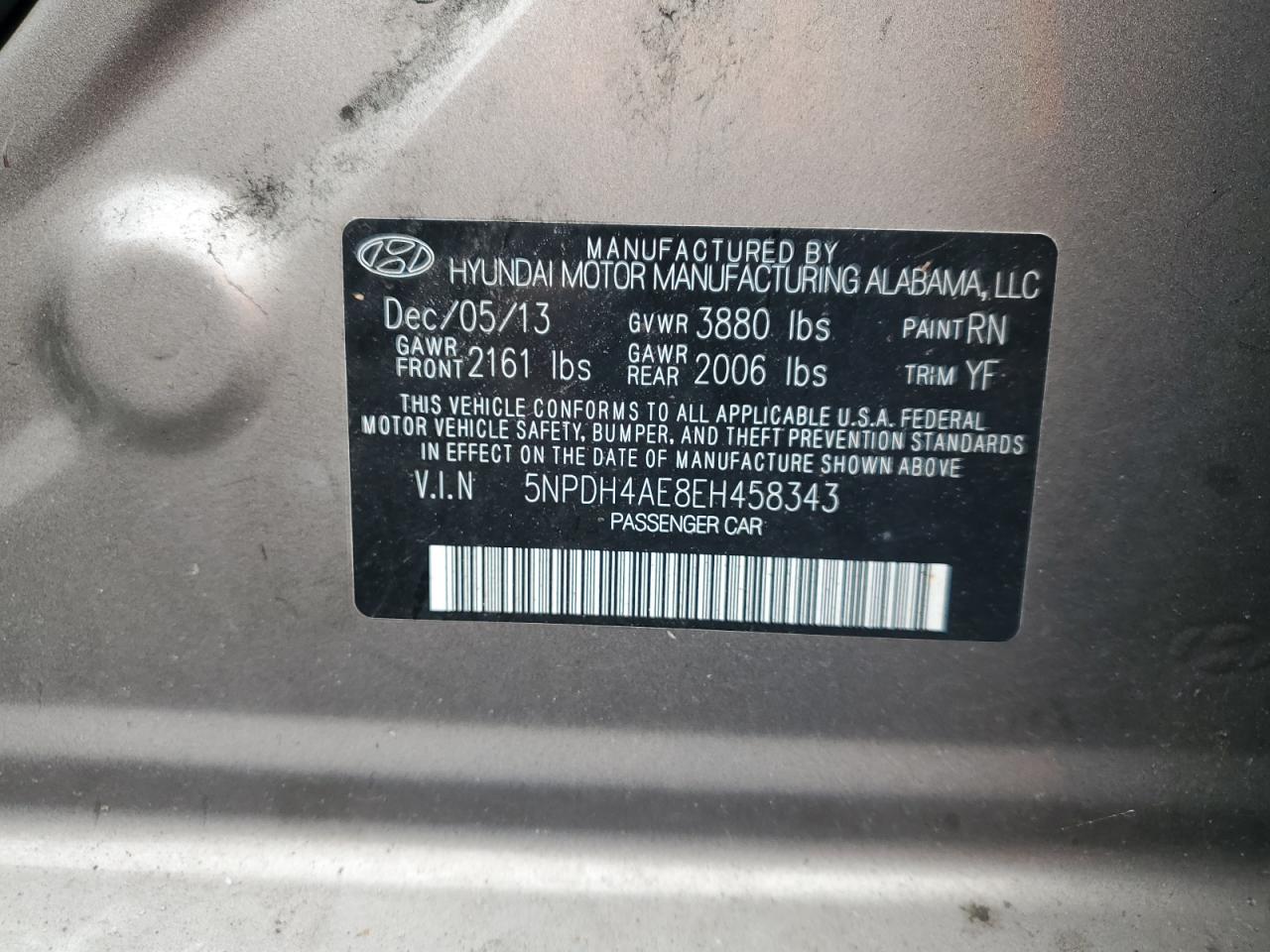 2014 Hyundai Elantra Se VIN: 5NPDH4AE8EH458343 Lot: 63765515