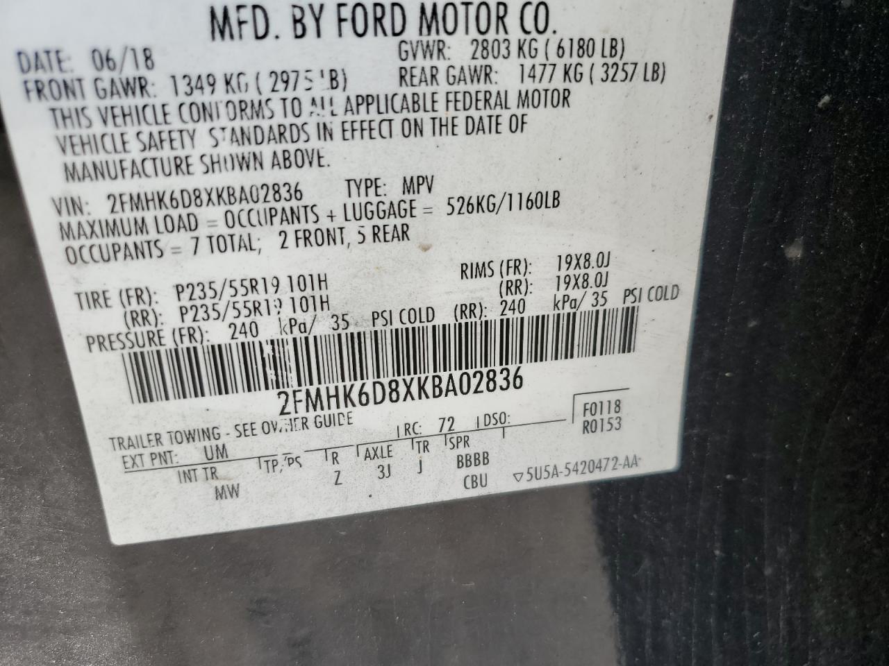2019 Ford Flex Limited VIN: 2FMHK6D8XKBA02836 Lot: 63561365