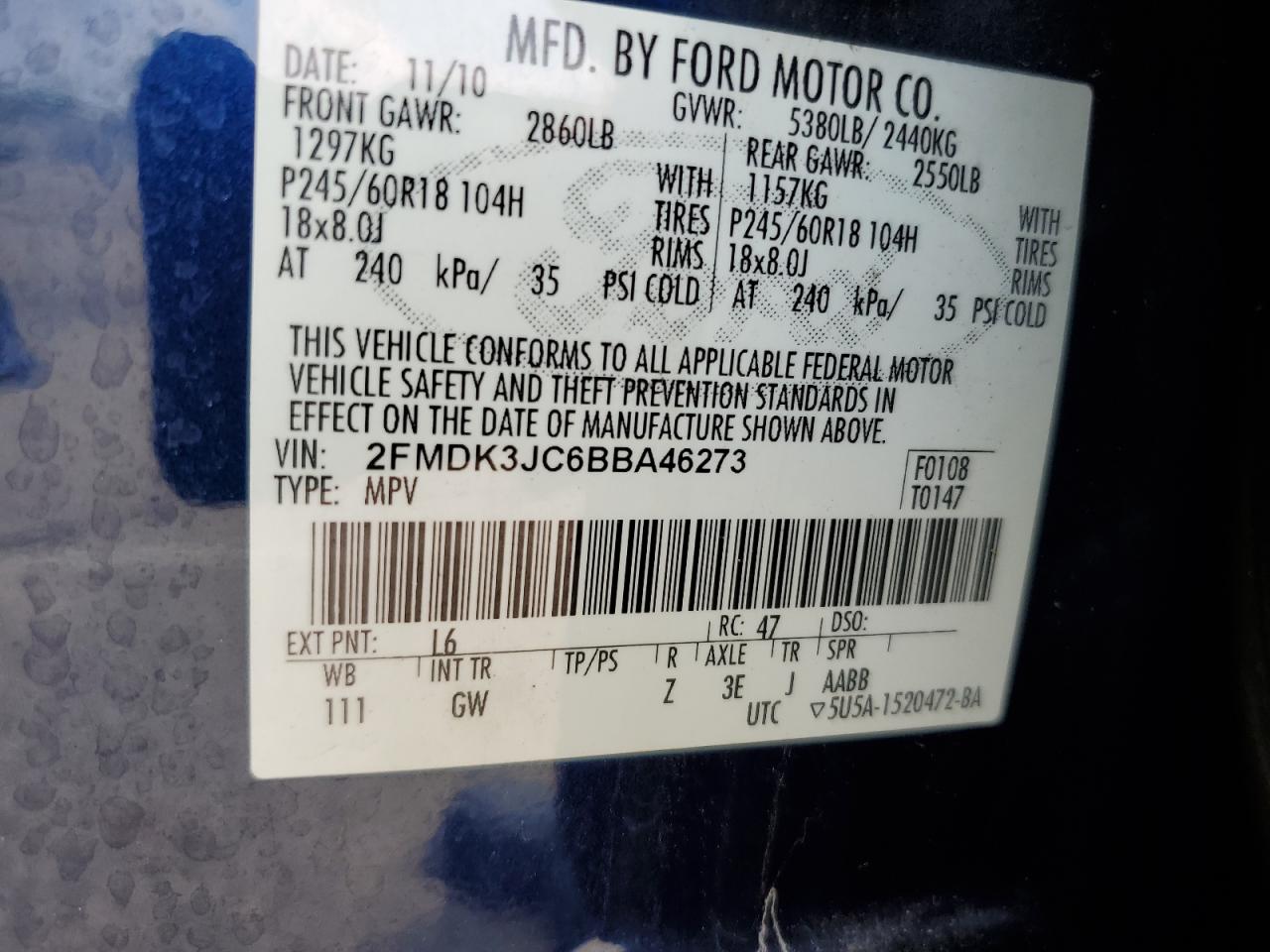 2011 Ford Edge Sel VIN: 2FMDK3JC6BBA46273 Lot: 64560435