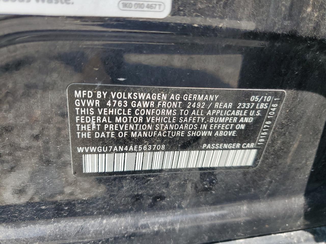 2010 Volkswagen Cc Vr6 4Motion VIN: WVWGU7AN4AE563708 Lot: 64403245