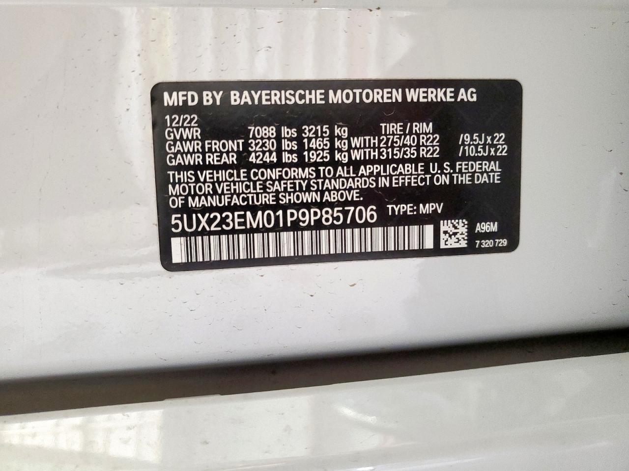 2023 BMW X7 xDrive40I VIN: 5UX23EM01P9P85706 Lot: 64458185
