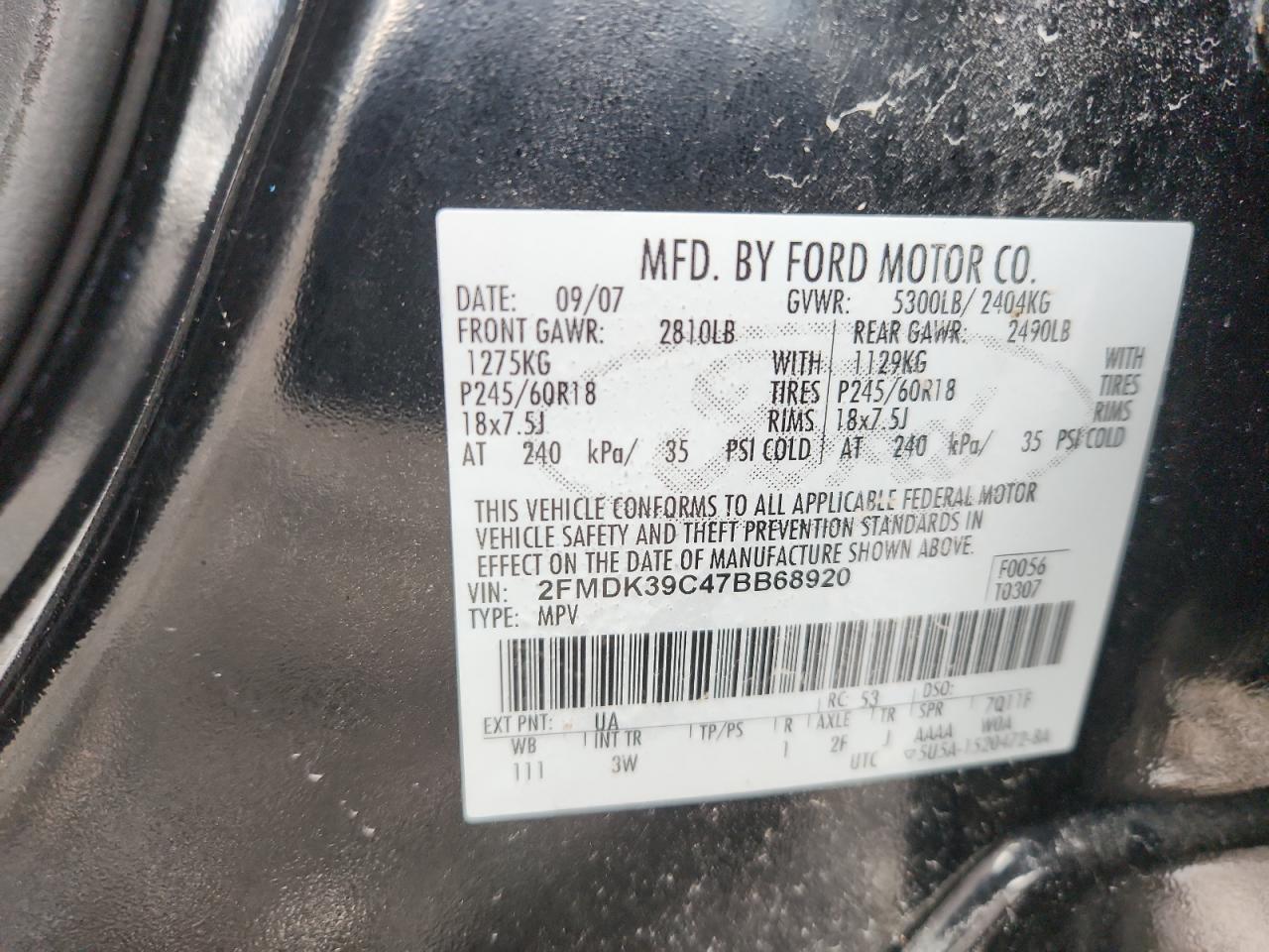 2007 Ford Edge Sel Plus VIN: 2FMDK39C47BB68920 Lot: 65204065