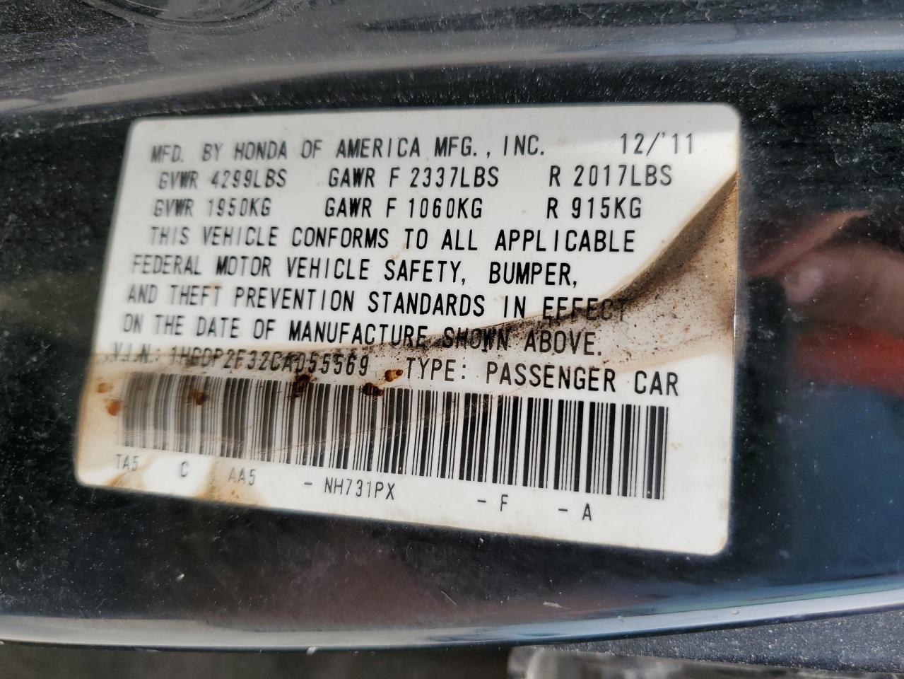 2012 Honda Accord Lx VIN: 1HGCP2F32CA055569 Lot: 65042345