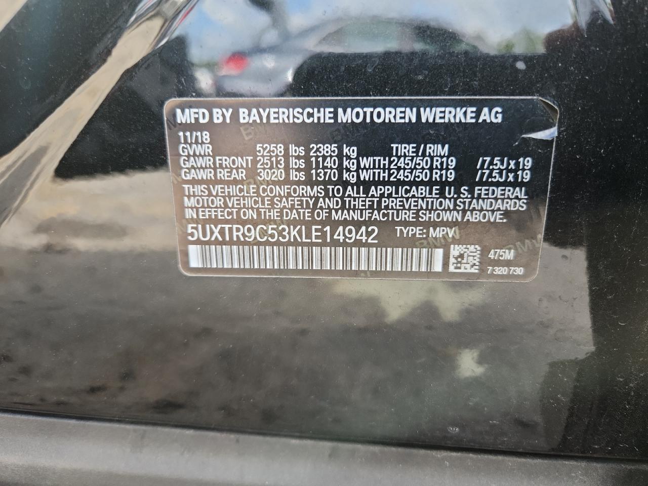 2019 BMW X3 xDrive30I VIN: 5UXTR9C53KLE14942 Lot: 65324925