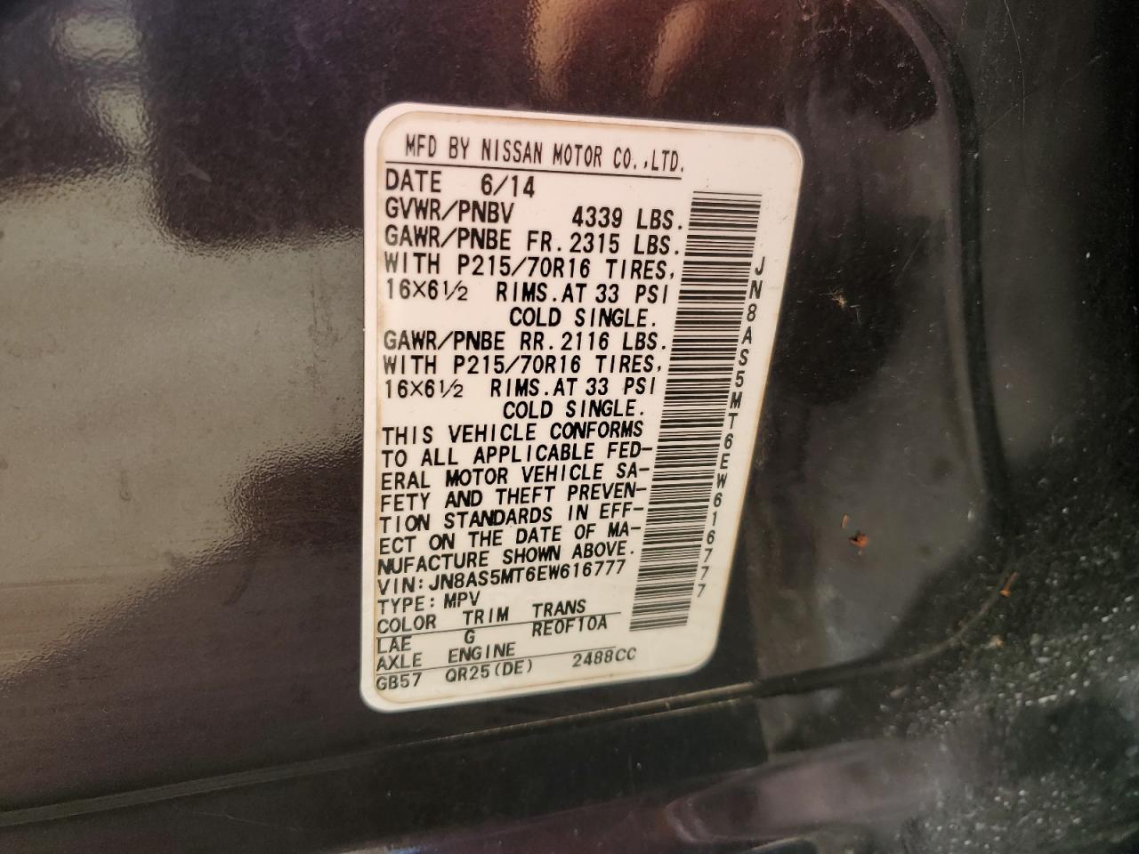 JN8AS5MT6EW616777 2014 Nissan Rogue Select S