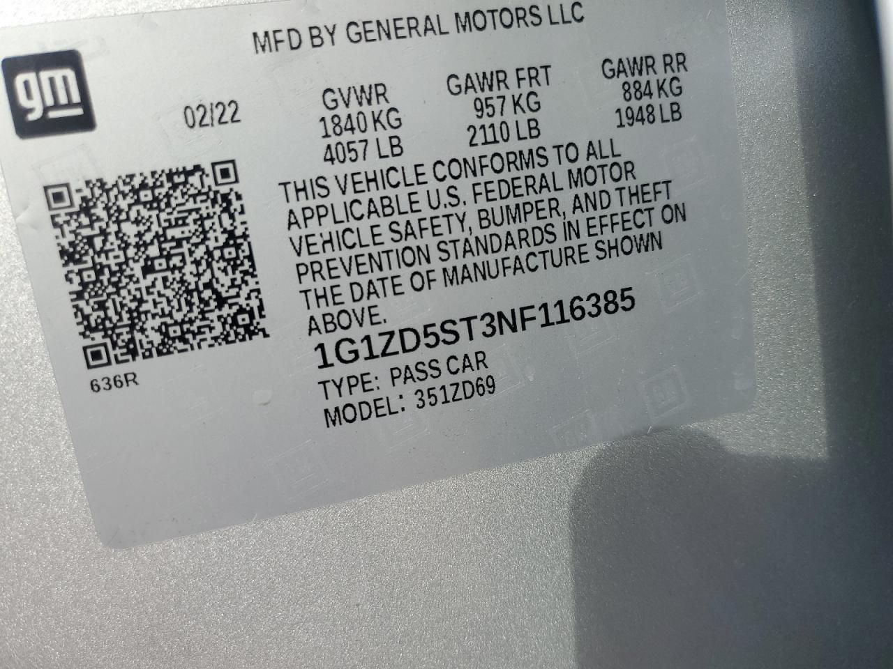 2022 Chevrolet Malibu Lt VIN: 1G1ZD5ST3NF116385 Lot: 64037585