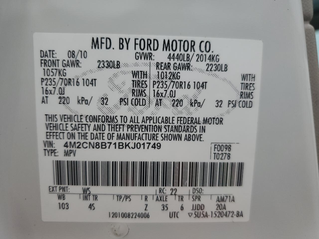 2011 Mercury Mariner VIN: 4M2CN8B71BKJ01749 Lot: 64199345